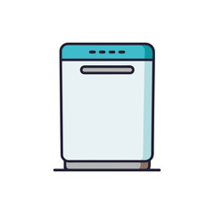 Simple flat icon of a modern dishwasher machine with blue accents on a black background