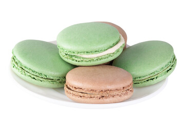Heap of pastel macarons on a plate isolated on transparent background.
