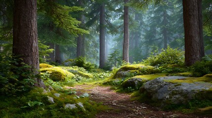 Obraz premium Peaceful green woods in the early morning light