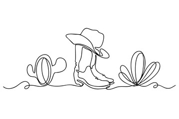 The Lord Guides My Steps Continuous Line Art: Cowboy Boots, Hat, and Cactus Western Faith Vector