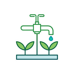 Green sprouts receive water from a faucet droplet for sustainable growth