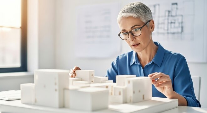 An experienced female architect meticulously designs and constructs a detailed building model on a desk