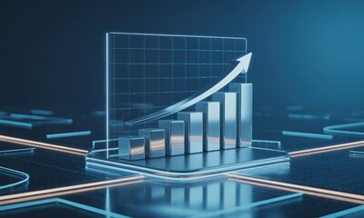 3D bar chart with upward arrow, set on digital surface