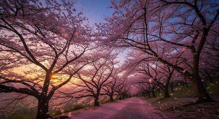 Cherry Blossom Avenue - A Serene Path Under Blooming Trees at Sunset.