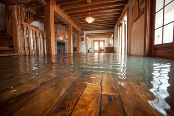 Obraz premium Interior of a rustic wooden house flooded with water