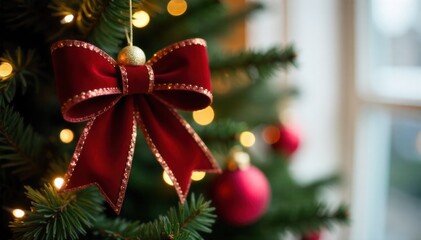 Luxurious Christmas tree bow detail, close up, festive red velvet ribbon with gold trim, shallow depth of field, bokeh lights background. Close up, high angle shot of a luxurious red velvet Christmas