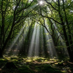 Fototapeta premium Sunlight piercing through the dense canopy of a lush forest.