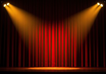 Fototapeta premium Dramatic red velvet theater curtain illuminated by bright golden spotlights before a major evening musical performance. (137 characters) ,celebration ,spotlight ,theater