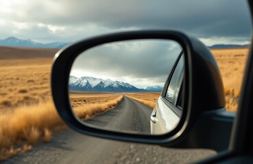 Fototapeta premium Car side mirror view shows rural asphalt road leading to distant snow capped mountains and dramatic sky. Autumn field on road side. Trip in nature on scenic highway.