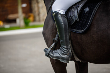 A professional female rider saddles a dressage horse during training or competition—an unrecognizable close-up, focusing on the boots in the stirrup. Conceptually, it depicts love for animals and hobb