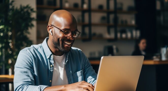 Smiling bald man wearing glasses and wireless earbuds, focused on his laptop, enjoying productive remote work in a bright cafe environment, showcasing modern digital connectivity