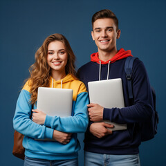 Young male and female student couple standing confidently together
