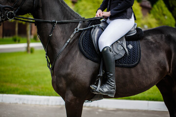 A professional female rider saddles a dressage horse during training or competition—an unrecognizable close-up, focusing on the boots in the stirrup. Conceptually, it depicts love for animals and hobb