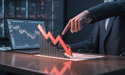 A person points down at a red arrow falling, stock chart on a laptop visible