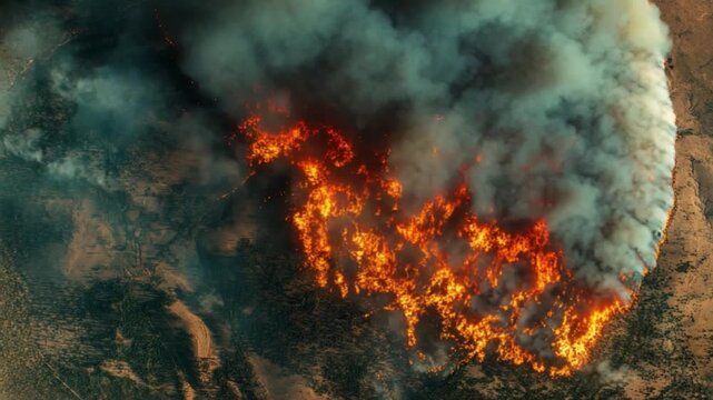 Wildfire Devastation: A fiery blaze rages uncontrollably, consuming the landscape with relentless intensity, creating a dramatic scene of nature's raw power.