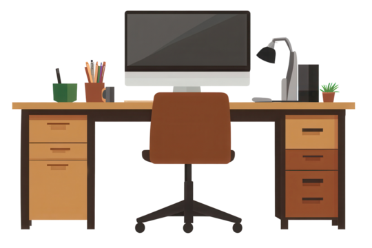 Office workstation desk setup featuring modern computer, stylish chair, and organized workspace in a minimalist style
