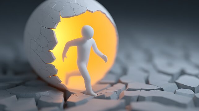 Small white human-shaped doll emerging from a cracked eggshell