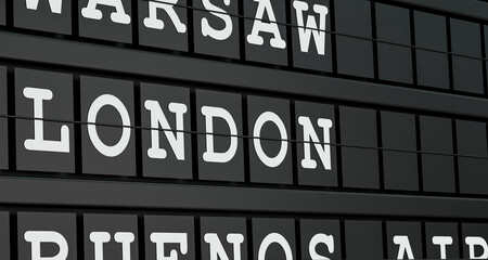 Obraz premium London, United Kingdom, England, travel destination, airport departure board. Tourism, booking, vacation, travel, holiday, journey. 3D illustration