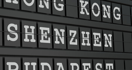 Obraz premium Shenzhen, China, travel destination, airport departure board. Tourism, booking, vacation, travel, holiday, journey. 3D illustration