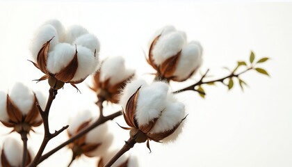 Branches with fluffy white cotton bolls bloom on a plain light background. Natural raw fiber grows on plant stem. Soft cotton material for textile industry. Cotton agriculture harvest.