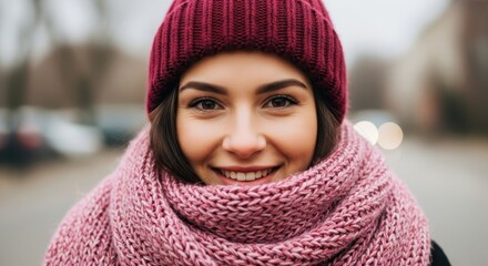 Smiling Brunette Woman in Winter Gear Outdoors A Captivating Portrait of Seasonal Joy and Warmth, Wrapped Up in a Pink Scarf