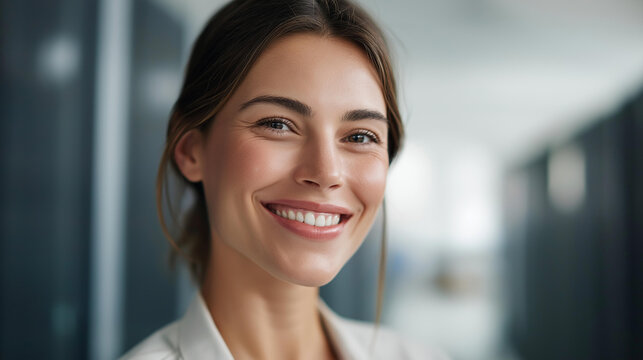 Smiling female technician in server room with defocused racks, faceless IT professional, data center visualization, blurred equipment background, technical workspace detail, infras - Powered by Adobe