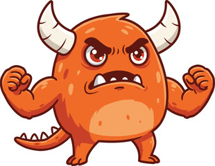 Cartoon orange monster character, strong fantasy creature with horns and muscles, angry expression mascot vector illustration design for games and children media