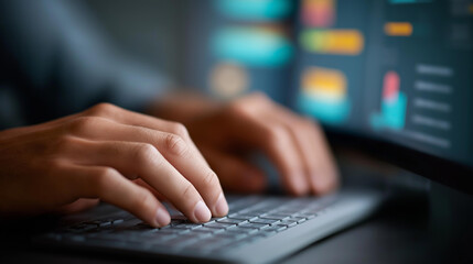 Hands analyzing data files on computer with AI defocused, faceless system engineer, file backup visualization, blurred screen background, FTP protocol detail, cloud security concep