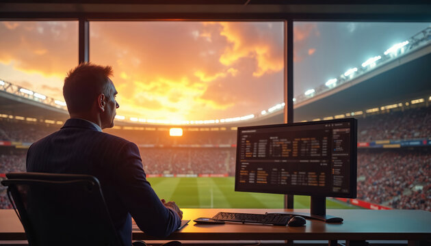 Man in suit watches sports game on computer monitor from stadium skybox. Crowd cheers on field below during sunset game. Focus on analytics and data.