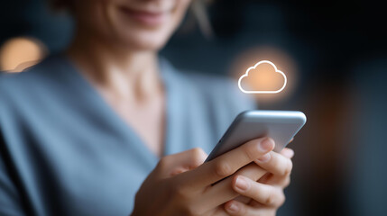 Woman uploading data from smartphone to cloud defocused hand, faceless mobile transfer, digital technology visualization, blurred person background, database management detail, clo