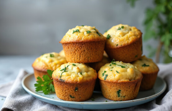 Stack of savory homemade zucchini muffins topped with cheese and fresh parsley herbs. Golden brown baked pastry served on blue plate. Delicious vegetarian snack for brunch or lunch.