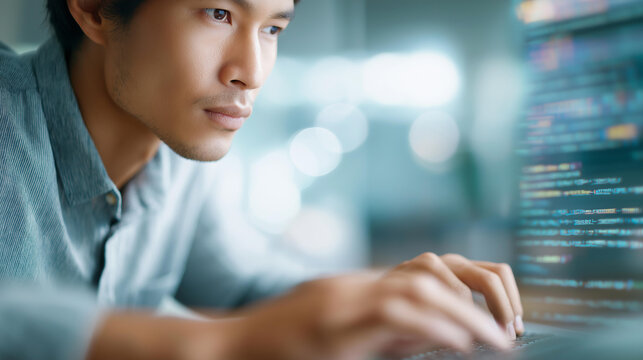 Asian man typing code on screen with AI tools defocused, faceless IT programmer, deep tech visualization, blurred workspace background, Python coding detail, big data concept, STEM
