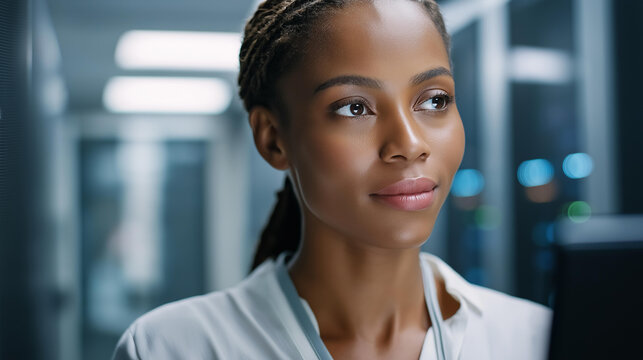 African woman administrator with server cabinet defocused room, faceless data professional, backup operation visualization, blurred high-tech background, internet infrastructure de