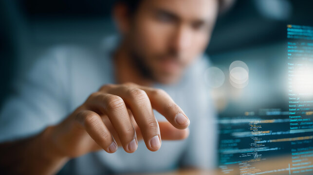 Asian man typing code on screen with AI tools defocused, faceless IT programmer, deep tech visualization, blurred workspace background, Python coding detail, big data concept, STEM