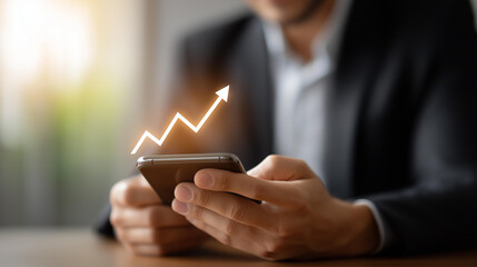 Businessman using smartphone with network growth icons defocused, faceless mobile technology, data connection visualization, blurred business background, digital marketing detail,