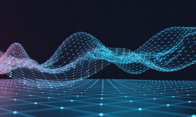 Abstract blue and pink network waves over a grid, digital data