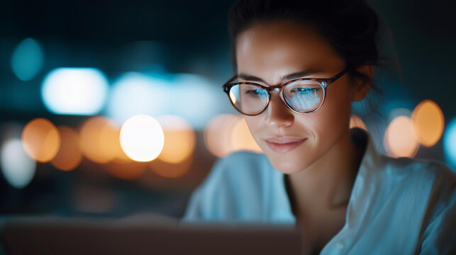 Woman with glasses on tablet and coding hologram defocused, faceless programmer scene, software visualization detail, blurred night overlay, data analytics concept, cybersecurity r