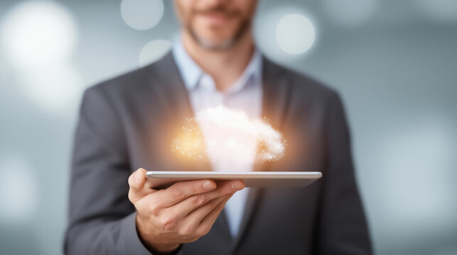 Businessman holding tablet with glowing cloud icon defocused, faceless cloud computing, futuristic tech visualization, white background blur, digital interface detail, cloud techno