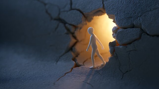 Small white human-shaped doll emerging from a cracked eggshell