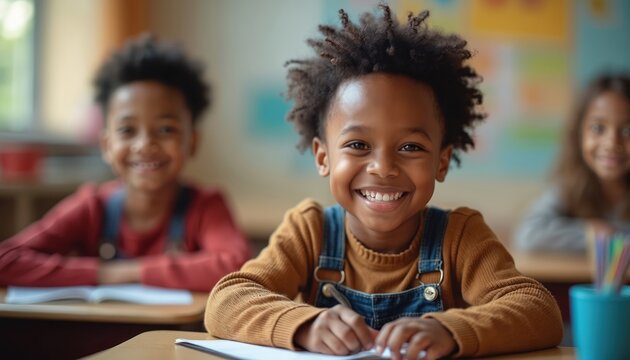 Happy Black child smiles in classroom learning. Diverse students sit at desks in school, engaging in lessons. Boys and girls study together, feel joy.