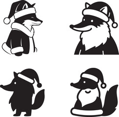 Black silhouette Of Christmas Fox Vector Illustration with Santa Hat, Perfect for Holiday Digital Art, Printables, and Crafts