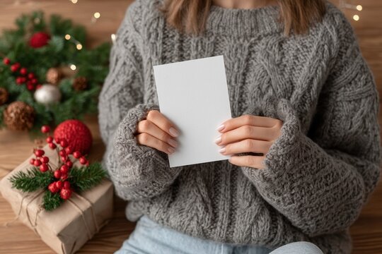 Woman in cozy sweater holding blank card with Christmas decorations, warm and festive composition perfect for holiday greeting, marketing, or lifestyle visuals.