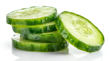 A stack of cucumber slices with one slice leaning against the stack on white background