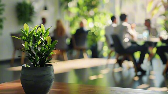 Potted green plant on wooden table in modern sunlit office with business meeting in soft focus background. Concept of workplace nature and corporate mindfulness