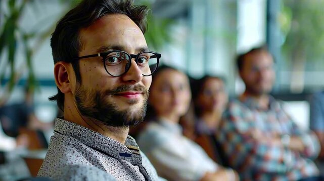 Man with glasses smiling slightly while seated in front of diverse colleagues in modern office seminar room with plants. Concept of team engagement and inclusive learning environment