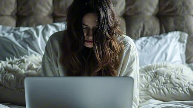 Young woman with long hair sitting in bed with laptop, leaning forward in soft moody lighting, fluffy pillows and neutral tones around. Concept of burnout and work-life imbalance
