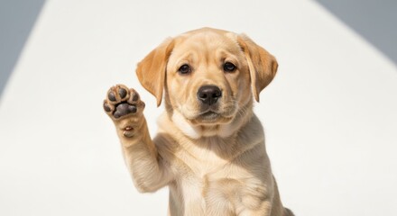 Adorable yellow lab puppy raises a paw, looking directly at the viewer