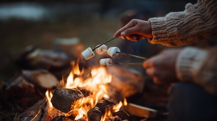 Fototapeta premium Family camping experience with hands roasting marshmallows over a cozy campfire
