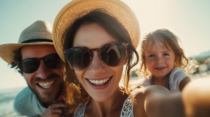 Family enjoying a sunny beach day with smiles and laughter during vacation fun