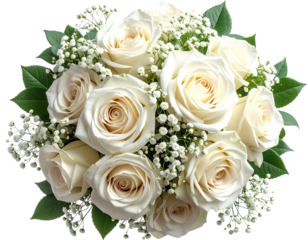  Elegant White Roses and Baby’s Breath Floral Bouquet on Black Background 